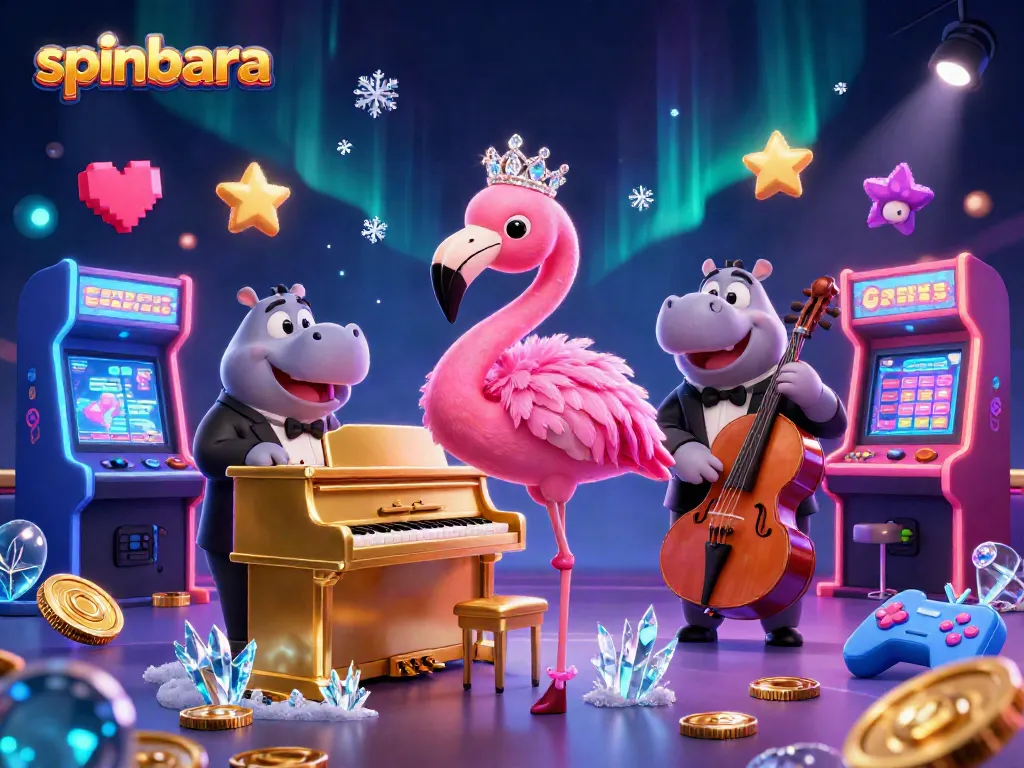 Experience gaming excitement at Spinbara Casino with vibrant characters and classic game elements.