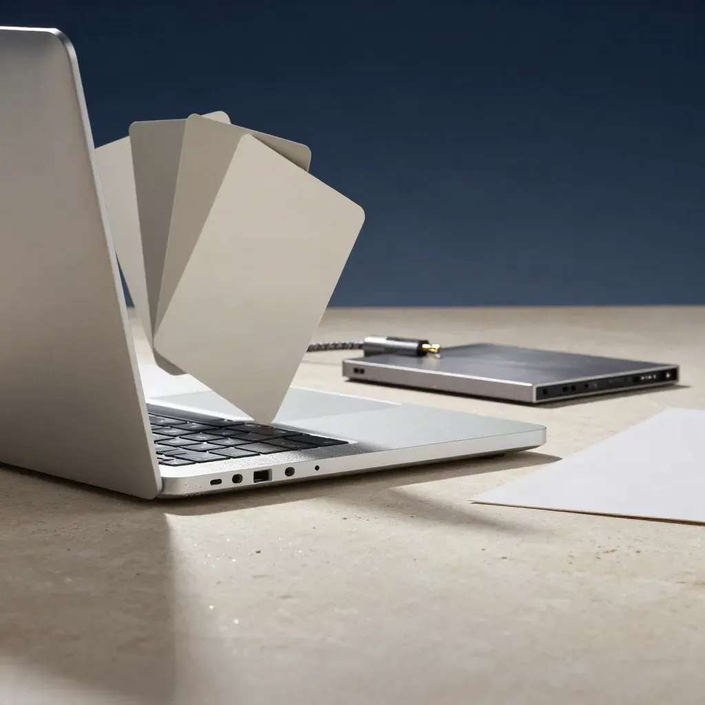 Ultrabook plateado con muestrarios, cable trenzado y SSD sobre piedra clara.