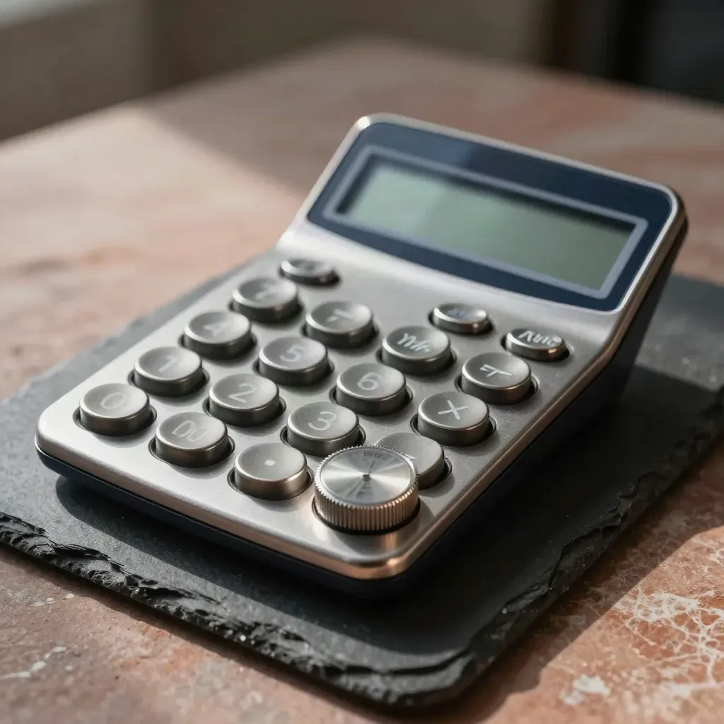 Calculadora, fichas metálicas y un dial sobre pizarra oscura con luz suave.