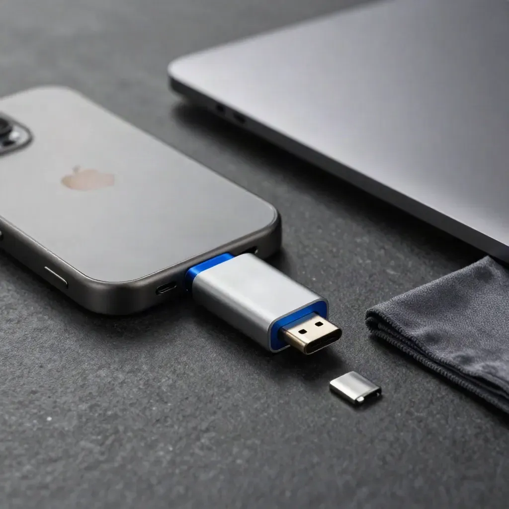Trío escalonado de portátil, móvil, tablet y adaptador USB-C sobre piedra grafito.