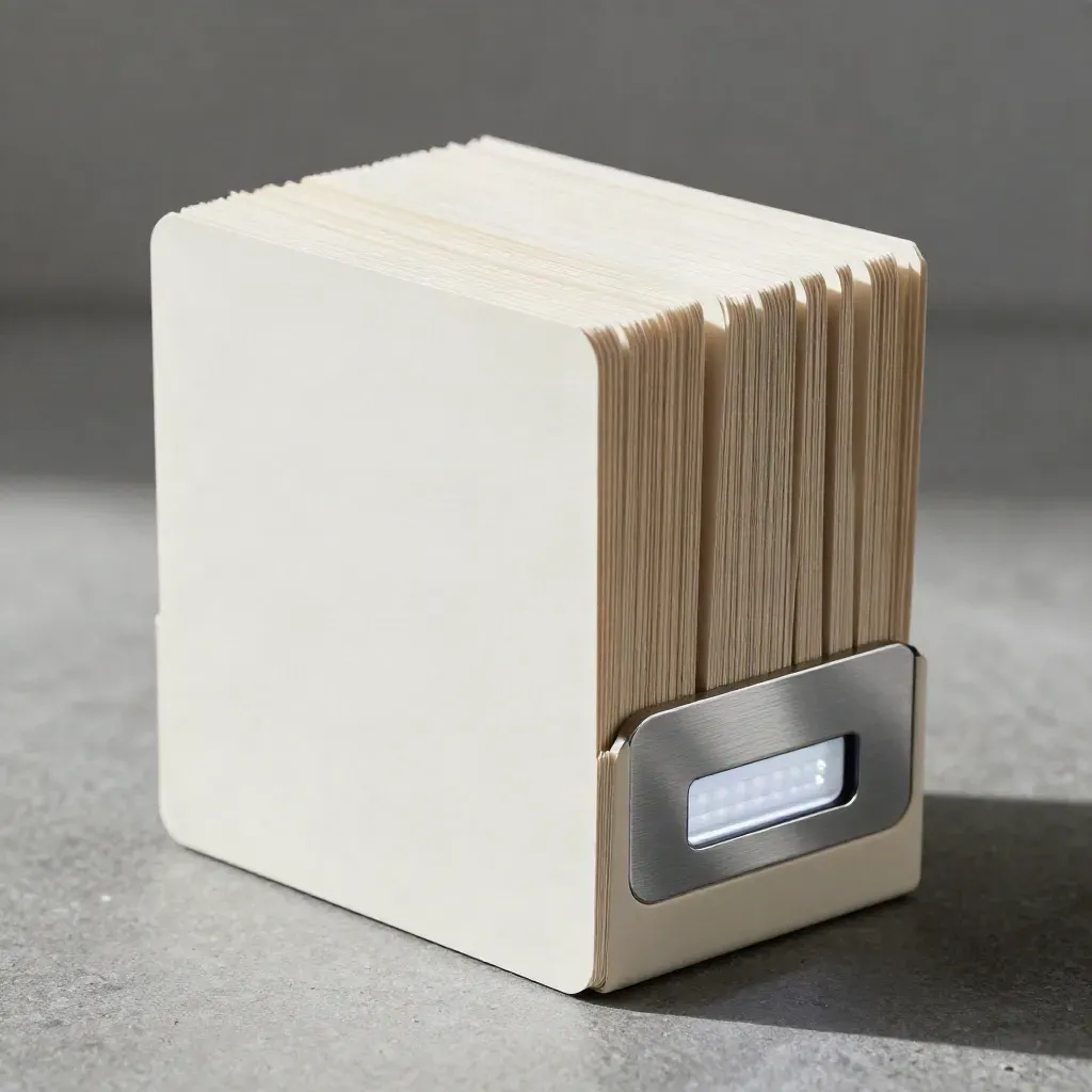 Soporte para móvil, tarjetas de contenido y panel LED pequeño sobre piedra gris, estilo macro premium.