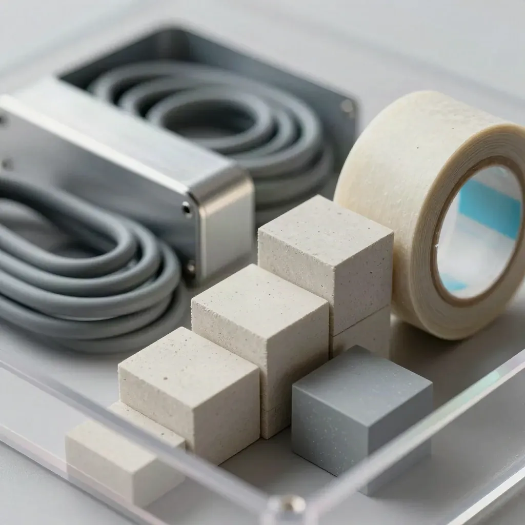 Bloques de prototipo, carcasa de aluminio y cinta sobre hormigón con borde acrílico.