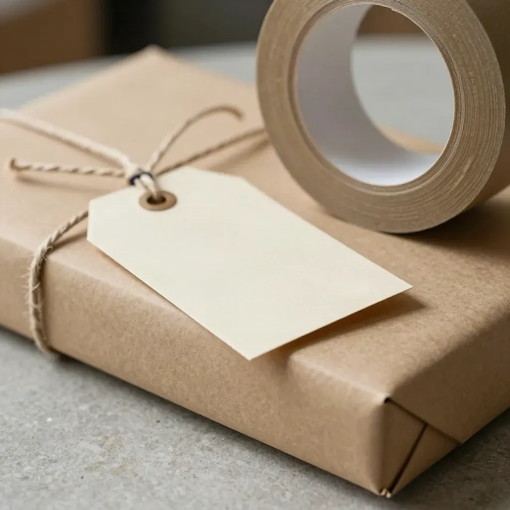 Detalle macro de un paquete de cartón con cinta kraft, etiqueta blanca y papel seda doblado.