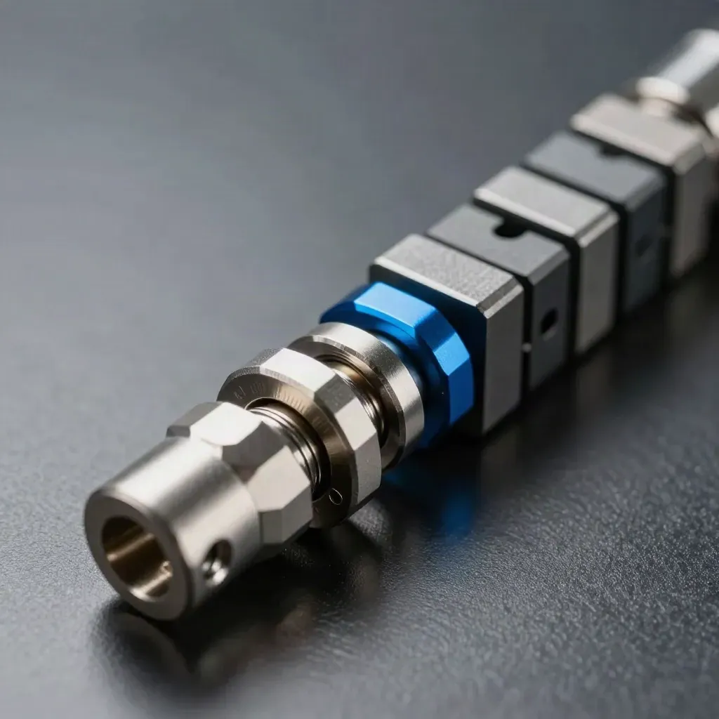 Bloques modulares y anillos metálicos encajando sobre metal grafito, con un acento azul eléctrico.